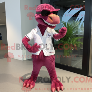 Mascot character of a Magenta Utahraptor dressed with a Bermuda Shorts and Cufflinks