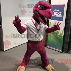 Mascot character of a Magenta Utahraptor dressed with a Bermuda Shorts and Cufflinks