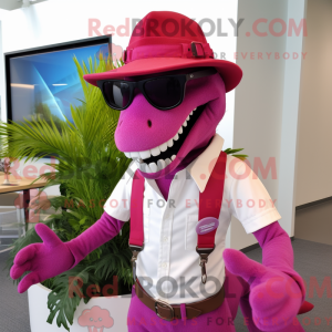 Mascot character of a Magenta Utahraptor dressed with a Bermuda Shorts and Cufflinks