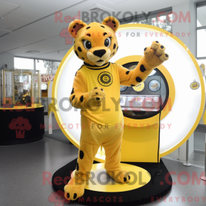 Mascot character of a Yellow Panther dressed with a Circle Skirt and Watches