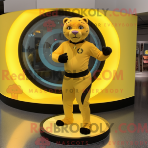 Mascot character of a Yellow Panther dressed with a Circle Skirt and Watches