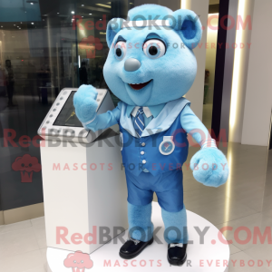 Mascot character of a Sky Blue Ray dressed with a Waistcoat and Bracelet watches