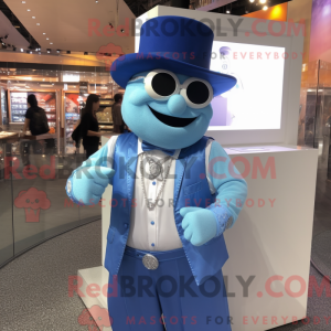 Mascot character of a Sky Blue Ray dressed with a Waistcoat and Bracelet watches