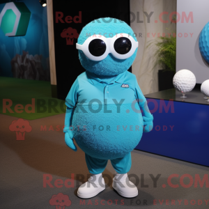 Mascot character of a Turquoise Golf Ball dressed with a V-Neck Tee and Eyeglasses