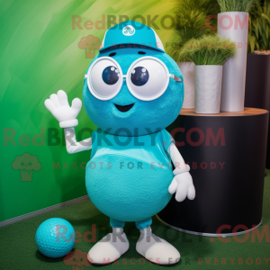 Mascot character of a Turquoise Golf Ball dressed with a V-Neck Tee and Eyeglasses