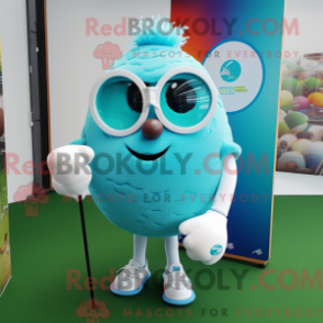 Mascot character of a Turquoise Golf Ball dressed with a V-Neck Tee and Eyeglasses