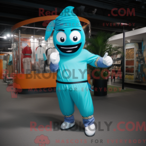 Mascot character of a Turquoise Knife Thrower dressed with a Joggers and Clutch bags