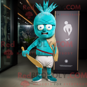 Mascot character of a Turquoise Knife Thrower dressed with a Joggers and Clutch bags