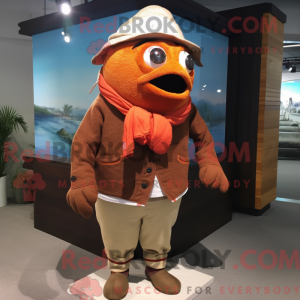 Mascot character of a Brown Clown Fish dressed with a Corduroy Pants and Scarf clips