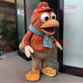 Mascot character of a Brown Clown Fish dressed with a Corduroy Pants and Scarf clips