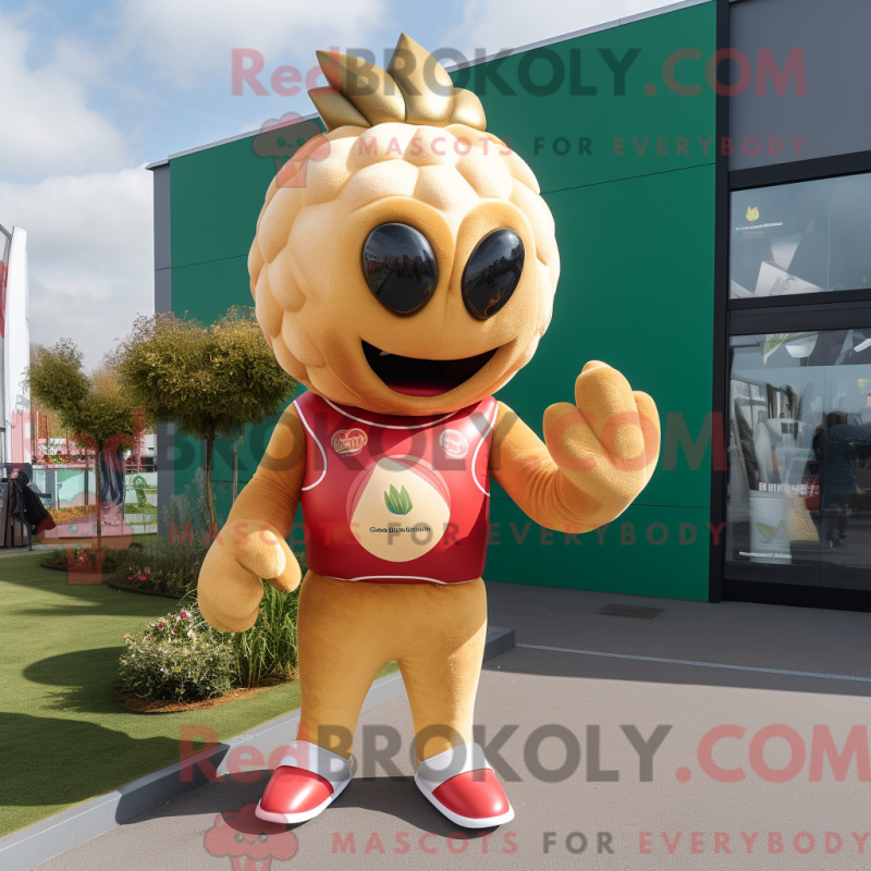 Mascot character of a Gold Strawberry dressed with a Rugby Shirt and Gloves
