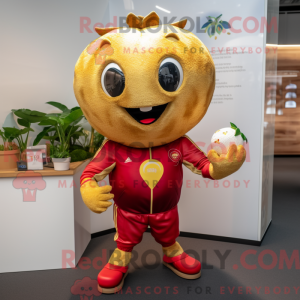 Mascot character of a Gold Strawberry dressed with a Rugby Shirt and Gloves