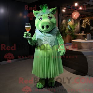 Mascot character of a Green Sow dressed with a Cocktail Dress and Earrings