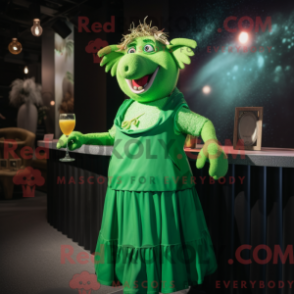 Mascot character of a Green Sow dressed with a Cocktail Dress and Earrings
