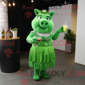 Mascot character of a Green Sow dressed with a Cocktail Dress and Earrings