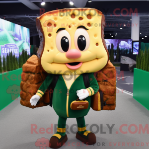 Mascot character of a Forest Green Grilled Cheese Sandwich dressed with a Sweater and Backpacks
