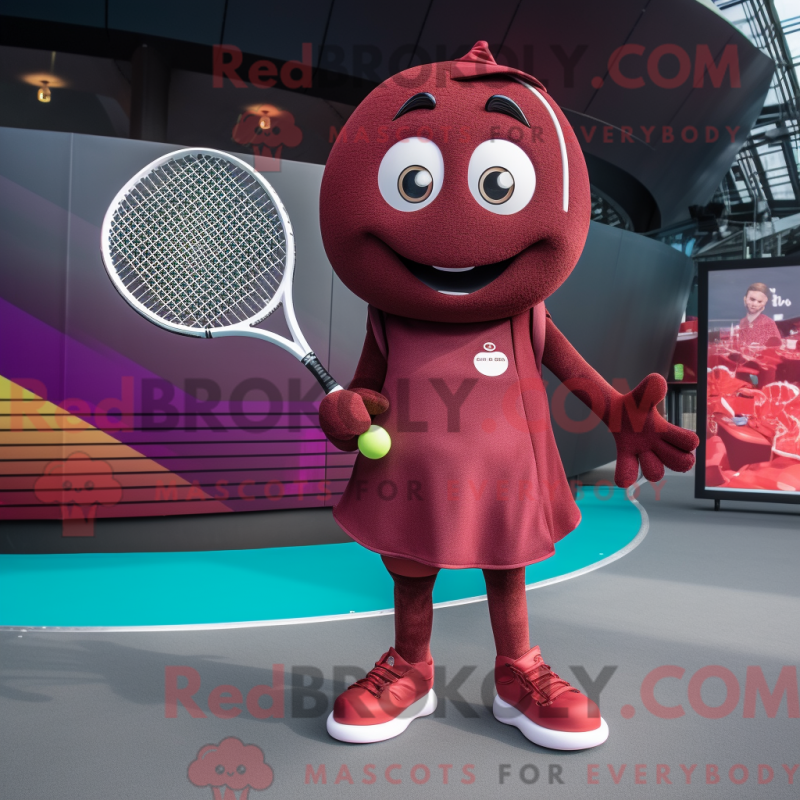 Mascot character of a Maroon Tennis Racket dressed with a Playsuit and Coin purses