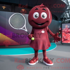 Mascot character of a Maroon Tennis Racket dressed with a Playsuit and Coin purses