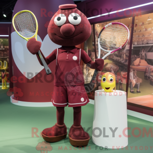 Mascot character of a Maroon Tennis Racket dressed with a Playsuit and Coin purses