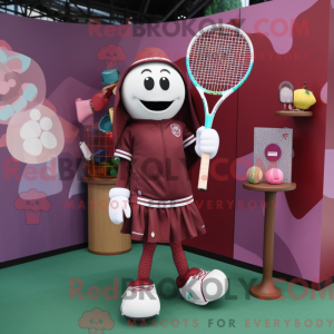 Mascot character of a Maroon Tennis Racket dressed with a Playsuit and Coin purses