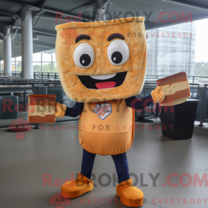 Mascot character of a Rust Grilled Cheese Sandwich dressed with a Jacket and Caps