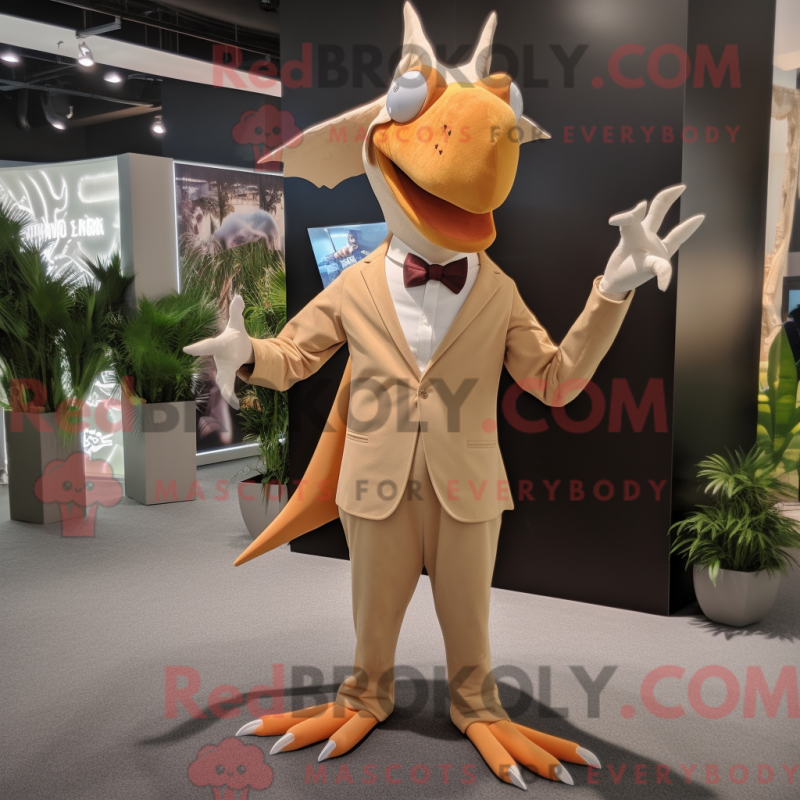 Mascot character of a Tan Pterodactyl dressed with a Suit and Headbands