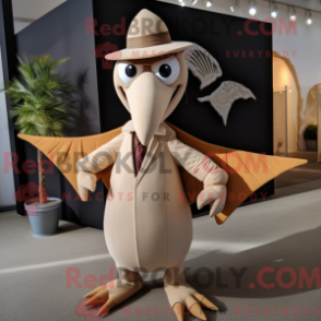 Mascot character of a Tan Pterodactyl dressed with a Suit and Headbands