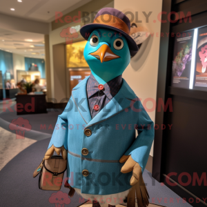 Mascot character of a Teal Passenger Pigeon dressed with a Graphic Tee and Pocket squares