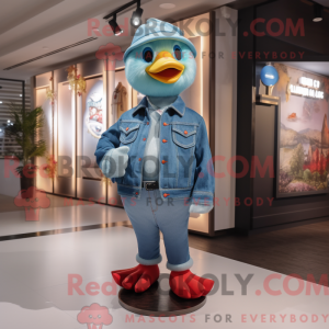 Mascot character of a Sky Blue Gosling dressed with a Flare Jeans and Brooches