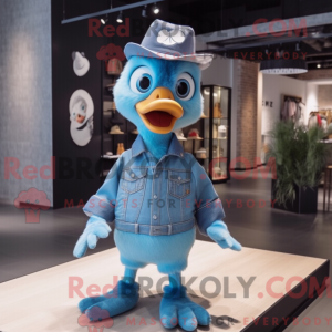 Mascot character of a Sky Blue Gosling dressed with a Flare Jeans and Brooches