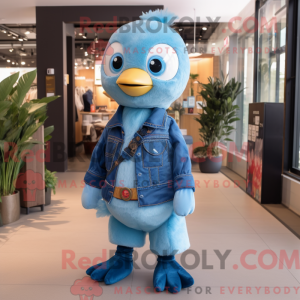 Mascot character of a Sky Blue Gosling dressed with a Flare Jeans and Brooches