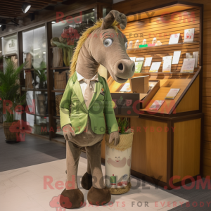 Mascot character of a Olive Horse dressed with a Suit Jacket and Coin purses