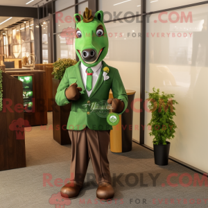 Mascot character of a Olive Horse dressed with a Suit Jacket and Coin purses