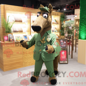 Mascot character of a Olive Horse dressed with a Suit Jacket and Coin purses