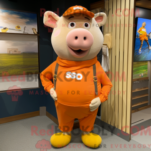 Mascot character of a Orange Sow dressed with a Cargo Shorts and Shawl pins