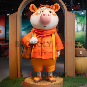 Mascot character of a Orange Sow dressed with a Cargo Shorts and Shawl pins