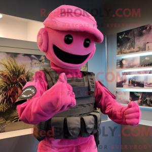 Mascot character of a Pink Commando dressed with a Vest and Gloves