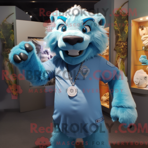 Mascot character of a Cyan Smilodon dressed with a Henley Shirt and Keychains