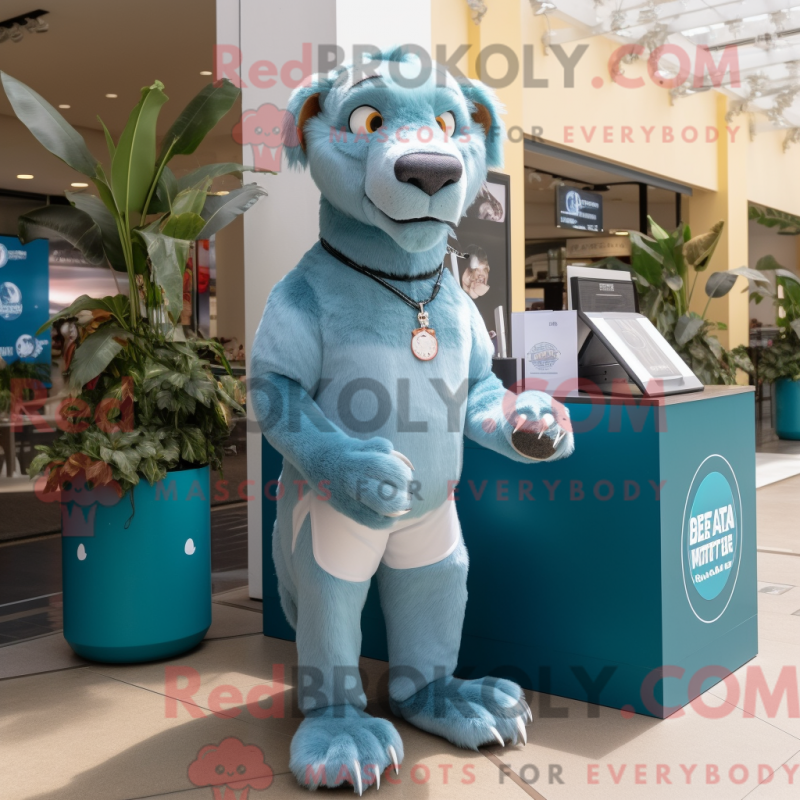 Mascot character of a Cyan Smilodon dressed with a Henley Shirt and Keychains