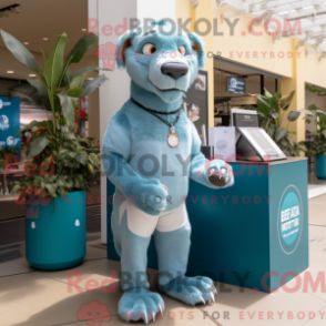 Mascot character of a Cyan Smilodon dressed with a Henley Shirt and Keychains
