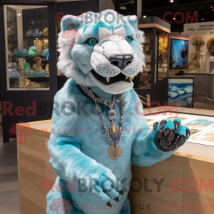 Mascot character of a Cyan Smilodon dressed with a Henley Shirt and Keychains