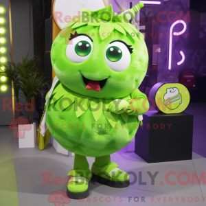 Mascot character of a Lime Green Candy dressed with a Mini Dress and Backpacks