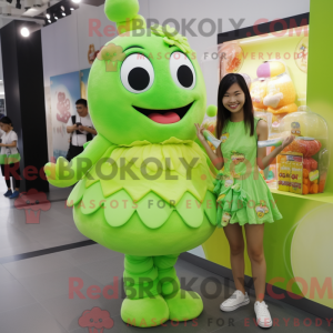 Mascot character of a Lime Green Candy dressed with a Mini Dress and Backpacks
