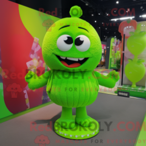 Mascot character of a Lime Green Candy dressed with a Mini Dress and Backpacks