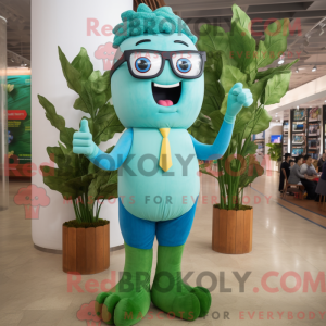 Mascot character of a Sky Blue Beanstalk dressed with a V-Neck Tee and Eyeglasses