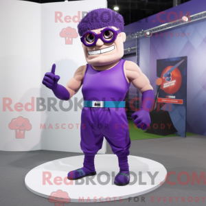 Mascot character of a Purple Knife Thrower dressed with a Tank Top and Eyeglasses
