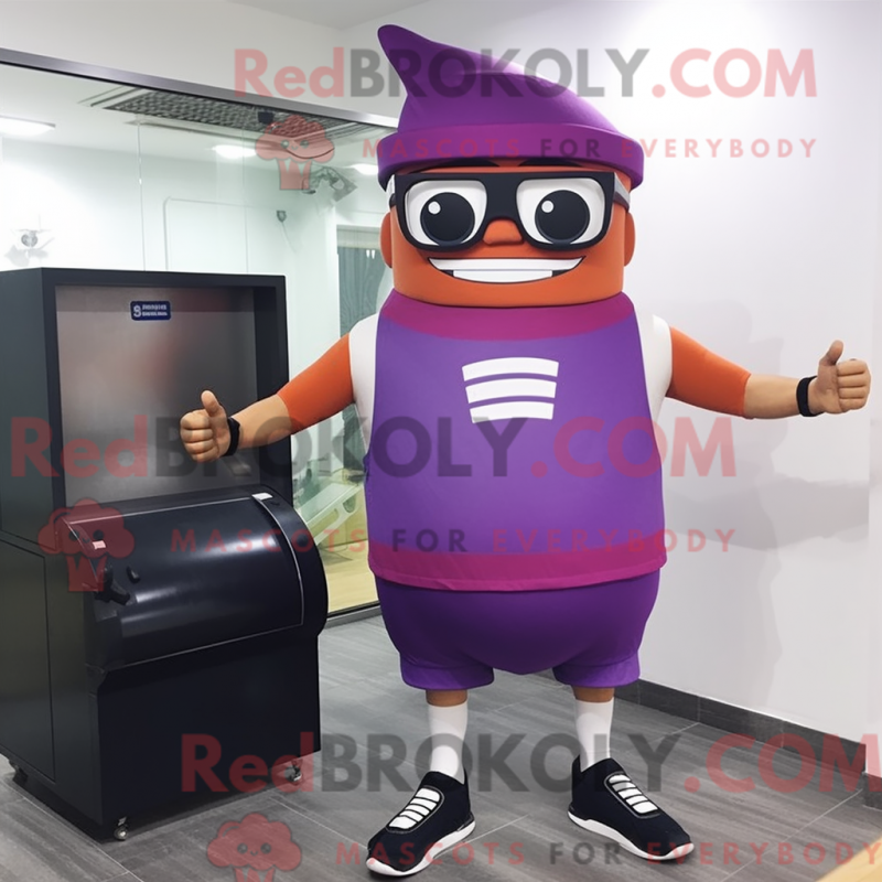 Mascot character of a Purple Knife Thrower dressed with a Tank Top and Eyeglasses