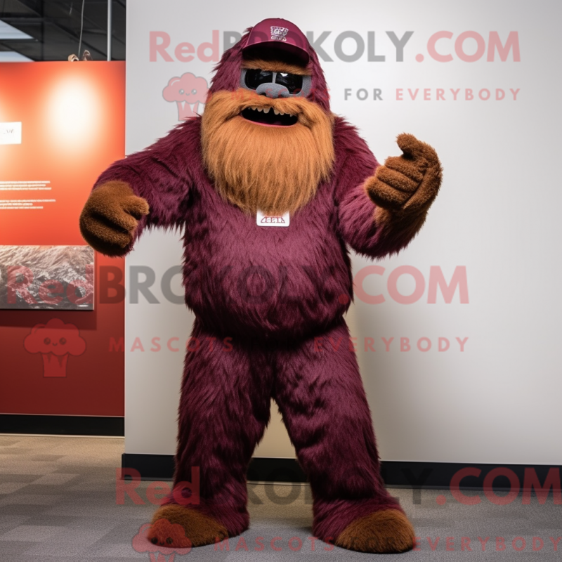 Mascot character of a Maroon Sasquatch dressed with a Trousers and Beanies