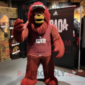 Mascot character of a Maroon Sasquatch dressed with a Trousers and Beanies