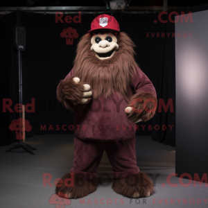 Mascot character of a Maroon Sasquatch dressed with a Trousers and Beanies